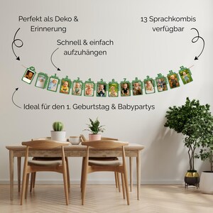 May include: A green banner featuring baby photos, numbered 1-12, with the word "Month" on each frame. The banner is strung across a room, with text that reads "Perfect as decoration & memory" and "Ideal for 1st birthday & baby parties."