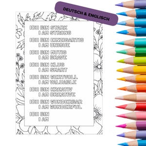 PDF coloring poster with positive affirmations for children and families - German & English