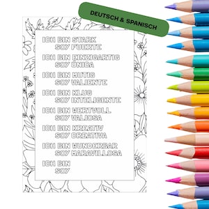 PDF coloring poster with positive affirmations for children and families - German & Spanish (female form)