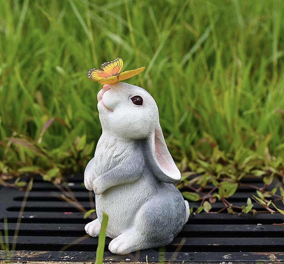 Garden Statue With Butterfly – Cute Outdoor Rabbit Decor – Weatherproof ...