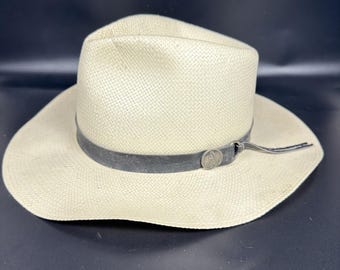 VTG Walt Disney World Straw Fedora Hat Cream Leather Band Mickey Logo Pirate