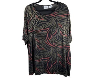 Top vintage Kathy Ireland Plus para mujer, talla 1X, negro, dorado, rojo, metálico, con estampado de hojas, estilo ajustado, ideal para la oficina.