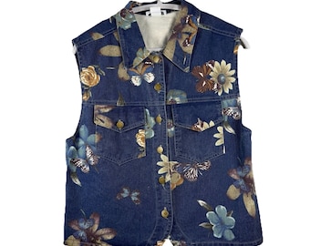 Chaleco vaquero vintage para mujer con estampado floral de mariposas, talla M, estilo Y2K, estilo casa de campo de la abuela.