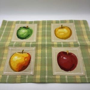 May include: A green and yellow plaid placemat with four square patches. Each patch features a different apple illustration: green, yellow, orange, and red. The patches are stitched onto the placemat.