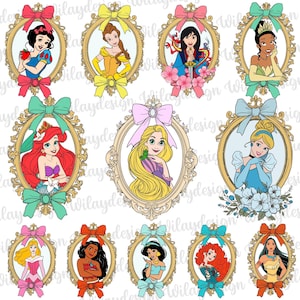 Puede incluir: Una colección de doce personajes de dibujos animados ilustrados, cada uno enmarcado en un marco ovalado dorado ornamentado con un lazo de cinta de color en la parte superior e inferior. Los personajes tienen colores de pelo, atuendos y accesorios variados.
