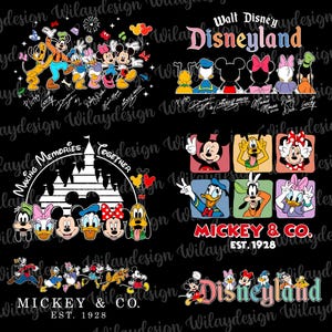 May include: Black graphic featuring various Disney characters, including Mickey Mouse, Minnie Mouse, Donald Duck, and Goofy. The design includes the Disneyland logo and the phrase "Mickey & Co. EST. 1928."