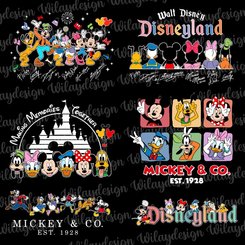 May include: Black graphic featuring various Disney characters, including Mickey Mouse, Minnie Mouse, Donald Duck, and Goofy. The design includes the Disneyland logo and the phrase "Mickey & Co. EST. 1928."