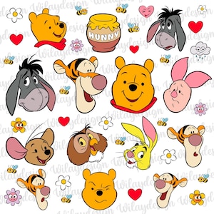 May include: A collection of Winnie the Pooh character illustrations featuring Pooh, Tigger, Eeyore, Piglet, Rabbit, and Owl. The design includes a honey pot labelled HUNNY, small bees, red hearts, and various flowers scattered across a white background.