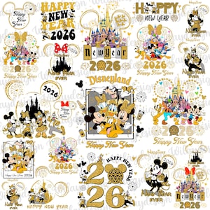 May include: A collage of gold and black Disney-themed designs for the New Year 2026. The designs include Mickey and Minnie Mouse, fireworks, castles, and the text "Happy New Year" and "Disneyland".