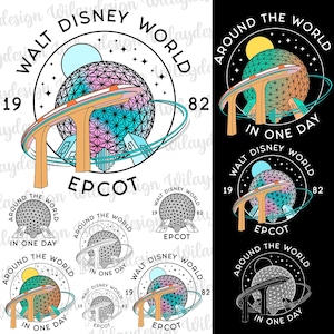 May include: A colorful graphic design featuring the EPCOT sphere, monorail, and text "Walt Disney World" and "EPCOT". The design includes the text "Around the World in One Day" and the years "19" and "82".