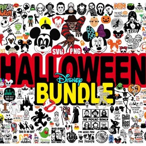 Puede incluir: Un paquete digital con temática de Halloween que presenta varios gráficos espeluznantes e inspirados en Disney. Incluye imágenes de Mickey y Minnie Mouse, Freddy Krueger y otros personajes de terror. El texto "HALLOWEEN DISNEY BUNDLE" se muestra.
