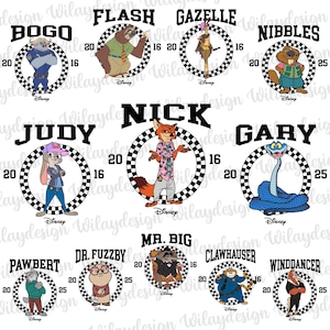 Puede incluir: Un gráfico blanco con personajes de la película de Disney Zootrópolis, incluyendo a Nick, Judy, Flash y otros, cada uno dentro de un marco circular con texto. El texto incluye nombres de personajes y números.