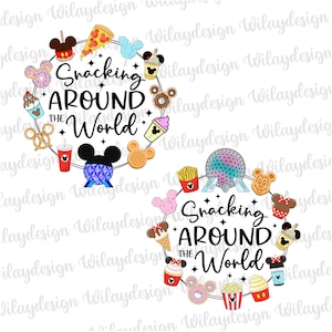 May include: Two circular designs with the text "Snacking Around the World" surrounded by cartoon food and Disney-themed icons. The designs include pizza, popcorn, ice cream, and Mickey Mouse-shaped treats.