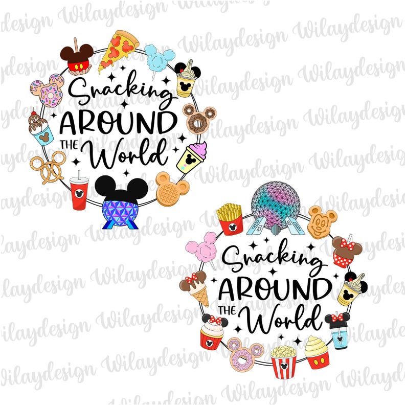 May include: Two circular designs with the text "Snacking Around the World" surrounded by cartoon food and Disney-themed icons. The designs include pizza, popcorn, ice cream, and Mickey Mouse-shaped treats.