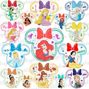Puede incluir: Una colección de gráficos coloridos con temática de princesas de Disney. Cada diseño presenta a una princesa dentro de un contorno de oreja de Mickey Mouse, con un lazo en la parte superior. Las princesas incluyen a Ariel, Bella y Blancanieves.