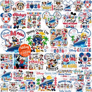 Puede incluir: Una colección de gráficos coloridos con temática de Disney Cruise Line. Los diseños incluyen a Mickey Mouse, Minnie Mouse, Donald Duck y Goofy en cruceros, con texto como "Disney Cruise Line 2026" y "Pirates Life for Me".