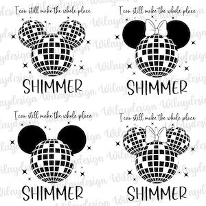 Puede incluir: Diseño gráfico en blanco y negro con siluetas de Mickey Mouse con bolas de discoteca, la palabra "SHIMMER" y el texto "I can still make the whole place". El diseño incluye estrellas.