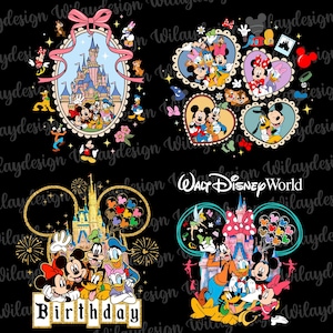 May include: Four Disney-themed designs on a black background. One features Cinderella's castle, Mickey, Minnie, and friends. Others include heart-shaped designs with characters, a birthday design, and a Walt Disney World design.