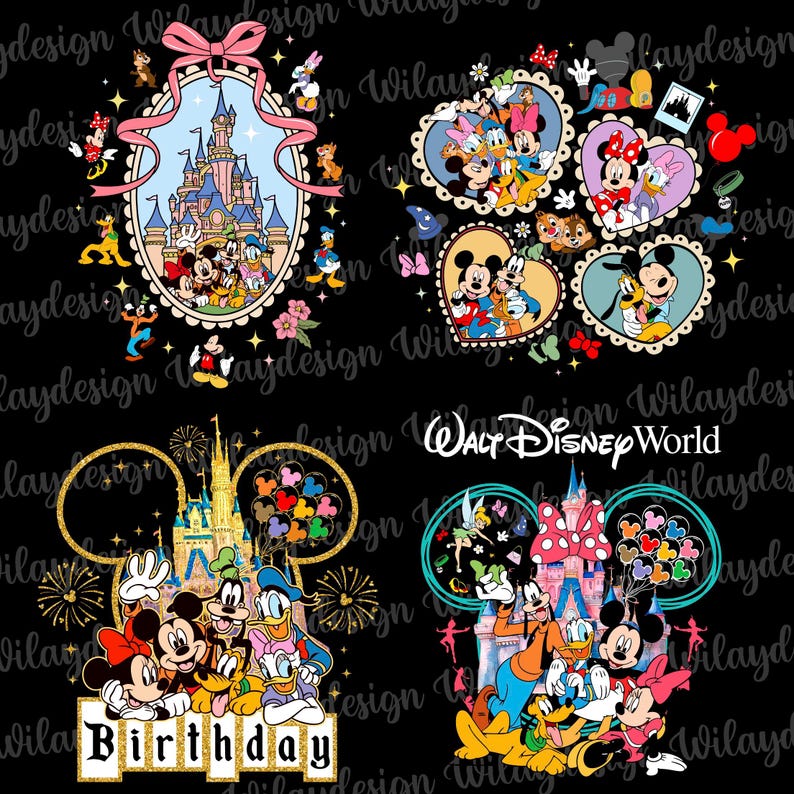 May include: Four Disney-themed designs on a black background. One features Cinderella's castle, Mickey, Minnie, and friends. Others include heart-shaped designs with characters, a birthday design, and a Walt Disney World design.
