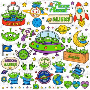 Puede incluir: Una colección de pegatinas digitales coloridas con alienígenas verdes de tres ojos, un platillo volante, un cohete, planetas y el texto Pizza Planet y Aliens. Los gráficos incluyen varios elementos temáticos del espacio como estrellas, una máquina de garra y una caja de madera llena de alienígenas, todo representado en una ilustración brillante de estilo caricatura.