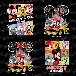 May include: Four designs featuring Mickey Mouse and friends. The top left design shows Mickey, Pluto, and Minnie Mouse. The top right design shows Mickey and friends in front of a castle. The bottom left design shows Mickey and friends in front of a castle. The bottom right design shows Mickey and friends. Text reads "Mickey & Co. EST. 1928" and "Mickey & Friends".