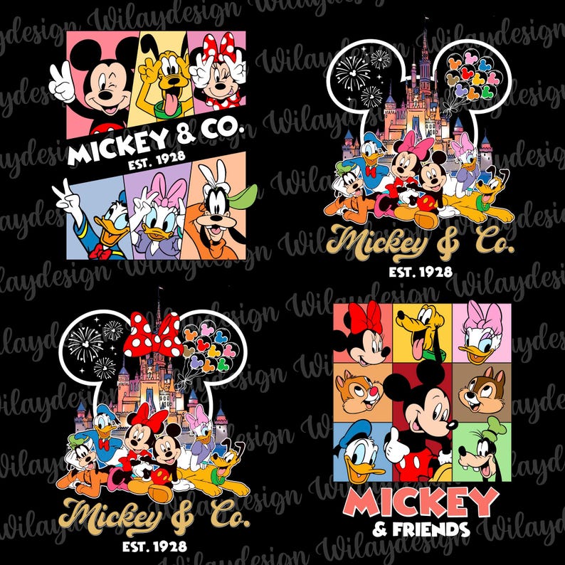 May include: Four designs featuring Mickey Mouse and friends. The top left design shows Mickey, Pluto, and Minnie Mouse. The top right design shows Mickey and friends in front of a castle. The bottom left design shows Mickey and friends in front of a castle. The bottom right design shows Mickey and friends. Text reads "Mickey & Co. EST. 1928" and "Mickey & Friends".