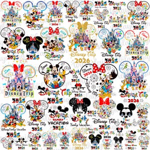 May include: A collection of Disney-themed designs featuring Mickey and Minnie Mouse, castles, and text like "Disney Trip 2026" and "Family Vacation 2016". The designs are colorful and include various character groupings and decorative elements.