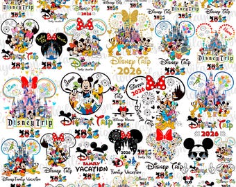 May include: A collection of Disney-themed designs featuring Mickey and Minnie Mouse, castles, and text like "Disney Trip 2026" and "Family Vacation 2016". The designs are colorful and include various character groupings and decorative elements.