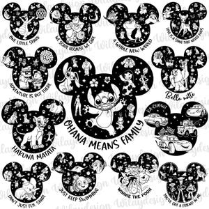 May include: Black and white Mickey Mouse head designs featuring various Disney characters and quotes. Designs include Stitch, Simba, and phrases like "Ohana Means Family" and "Hakuna Matata".