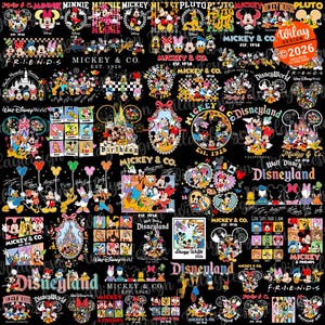 May include: A black background is filled with various Mickey Mouse and Disney-themed designs. The images include Mickey, Minnie, Donald, and Goofy, along with text like "Disneyland" and "Mickey & Co." in various fonts and colors. Some designs feature the text "Birthday" and "Friends."