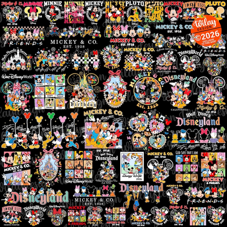 May include: A black background is filled with various Mickey Mouse and Disney-themed designs. The images include Mickey, Minnie, Donald, and Goofy, along with text like "Disneyland" and "Mickey & Co." in various fonts and colors. Some designs feature the text "Birthday" and "Friends."