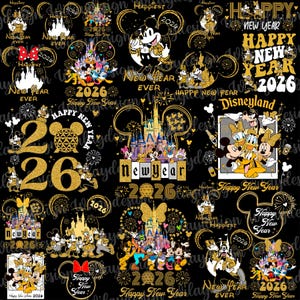 Puede incluir: Fondo negro con gráficos dorados y blancos con Mickey Mouse y amigos. Los diseños incluyen "Feliz Año Nuevo 2026", fuegos artificiales e imágenes de Disneyland. Un tema festivo.