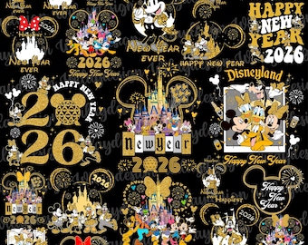 May include: Black background with gold and white graphics featuring Mickey Mouse, Minnie Mouse, and other Disney characters. Designs include "Happy New Year 2026," fireworks, and Disneyland imagery. A festive theme.