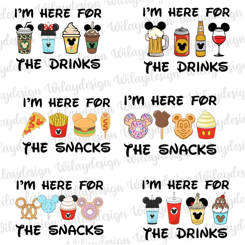 May include: A series of cartoon images of food and drinks, such as coffee, beer, pizza, chips, and desserts. Each set of items has the phrase "I'm here for" above, with "The Drinks" and "The Snacks" written below.