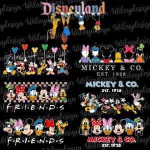 May include: A black background featuring various Disney character designs. The designs include the word "Disneyland" in a colorful font, character groupings, and the text "Mickey & Co. Est. 1928" in a vintage style.