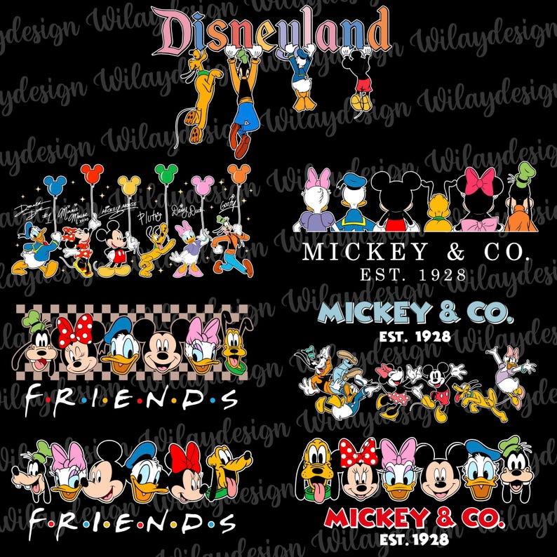May include: A black background featuring various Disney character designs. The designs include the word "Disneyland" in a colorful font, character groupings, and the text "Mickey & Co. Est. 1928" in a vintage style.