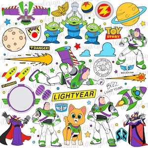 May include: A collection of Toy Story themed stickers featuring Buzz Lightyear, three-eyed aliens, Zurg, and Sox the cat. Includes space-themed icons like rockets, planets, stars, and text elements such as TOY STORY, LIGHTYEAR, and TO INFINITY AND BEYOND.