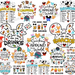 May include: A selection of digital designs with Mickey and Minnie Mouse. The designs include phrases such as "Snacking Around the World," "Drinking Around the World," and "I'm just here for the snacks." Ideal for Disney enthusiasts.