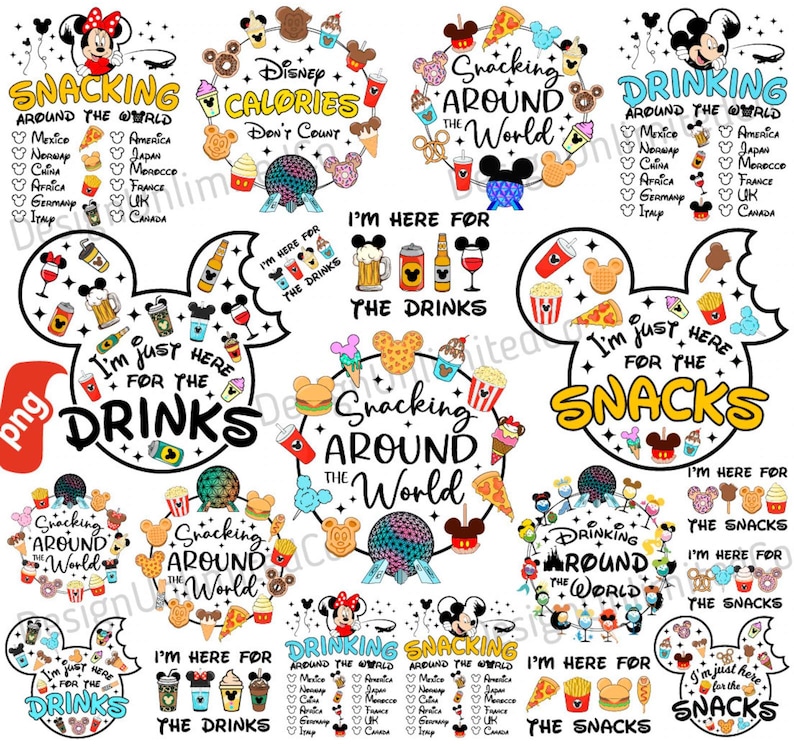 May include: A selection of digital designs with Mickey and Minnie Mouse. The designs include phrases such as "Snacking Around the World," "Drinking Around the World," and "I'm just here for the snacks." Ideal for Disney enthusiasts.