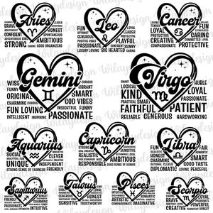 May include: Black and white zodiac sign designs in heart shapes. Each heart features a zodiac symbol, the sign's name, and descriptive words. The signs include Aries, Leo, Cancer, Gemini, Virgo, Aquarius, Capricorn, Libra, Sagittarius, Taurus, Pisces, and Scorpio.