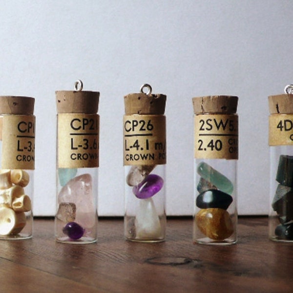 Crystals Talisman. Genuine antique vial. Bespoke, custom (sterling + 3 gems: amethyst, moonstone, rose quartz, labradorite, citrine, garnet)