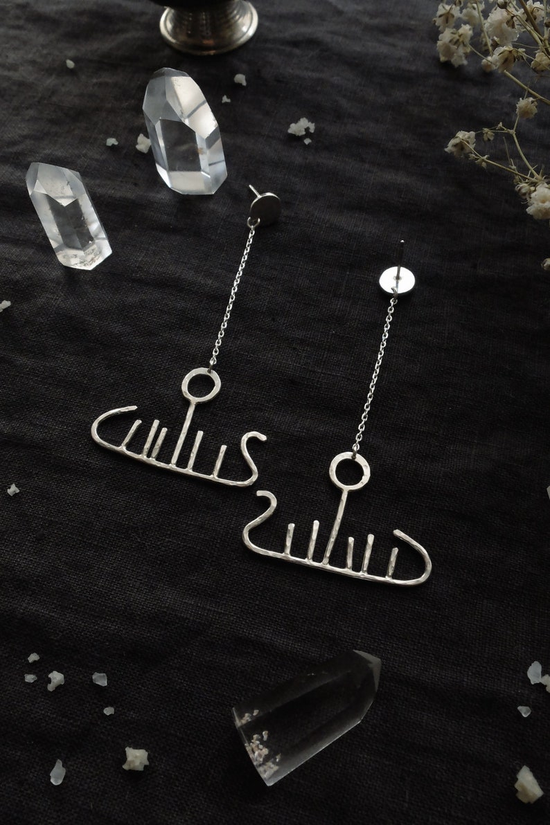 one of a kind Bespoke Norse Rock Art earrings sustainable recycled sterling silver unique Day Boat Ship Dagskip Viking Petroglyph