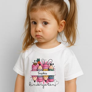 Kindergarten Girl Shirt With Name – Pink Crayon Pencil Design – Custom First Day of School Tee – Personalized Back to School Gift