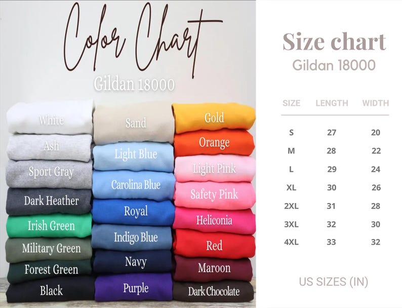 May include: Color chart and size chart for Gildan 18000 apparel. The color chart displays folded apparel in various colors, including white, black, and orange. The size chart shows US sizes, with lengths and widths in inches.