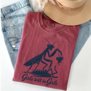 Dark red Comfort Colors t-shirt featuring the high-resolution 300 DPI praying mantis print.