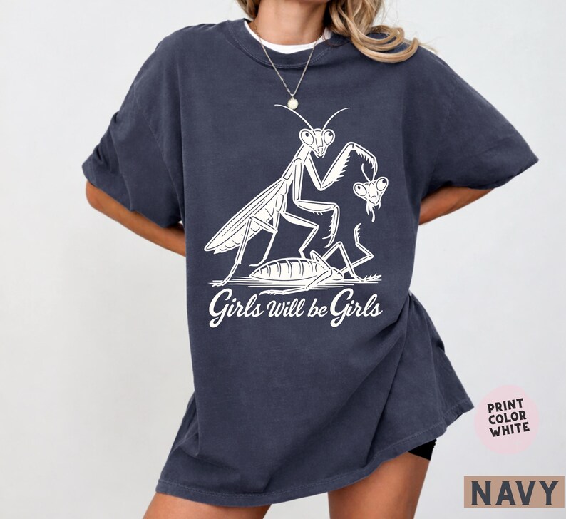 Navy blue Comfort Colors tee with a sassy insect humor graphic and radical feminist message.