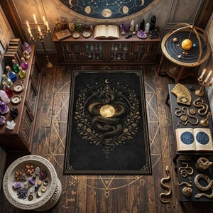 May include: A high-angle view of a mystical room with a black rug featuring a snake coiled around a glowing orb. The room is filled with books, crystals, candles, and astrological tools, creating a magical atmosphere. The rug is centered on a wooden floor with gold geometric designs.