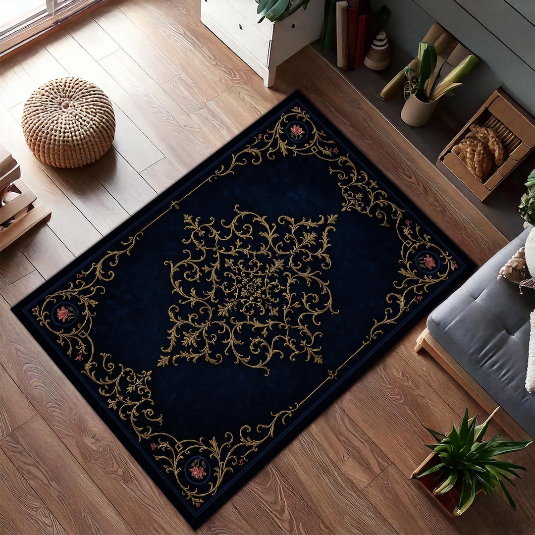 Elegant Navy Blue Rug With Golden Baroque Pattern – Vintage Gothic ...