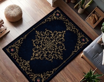 Elegant Navy Blue Rug with Golden Baroque Pattern – Vintage Gothic Decorative Carpet for Home