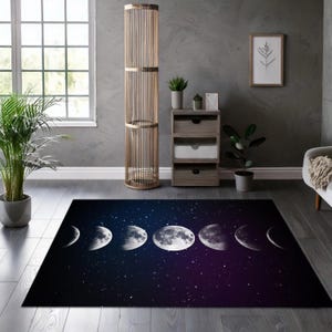 Moon Phases Galaxy Rug, Celestial Space Inspired Area Carpet, Mystical Lunar Decor Rug for Bedroom Living Room